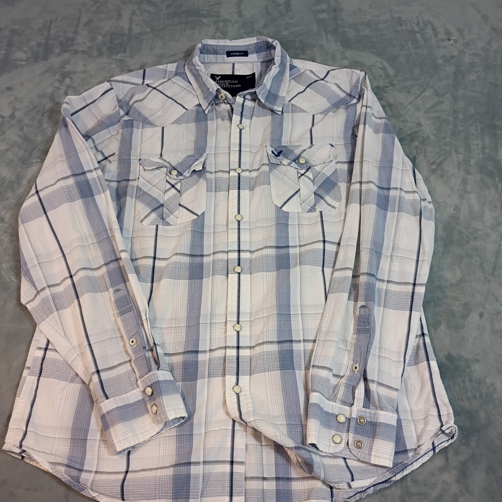 American Eagle Outfitters Mens Blue White Plaid Western Snap Front Shirt Large